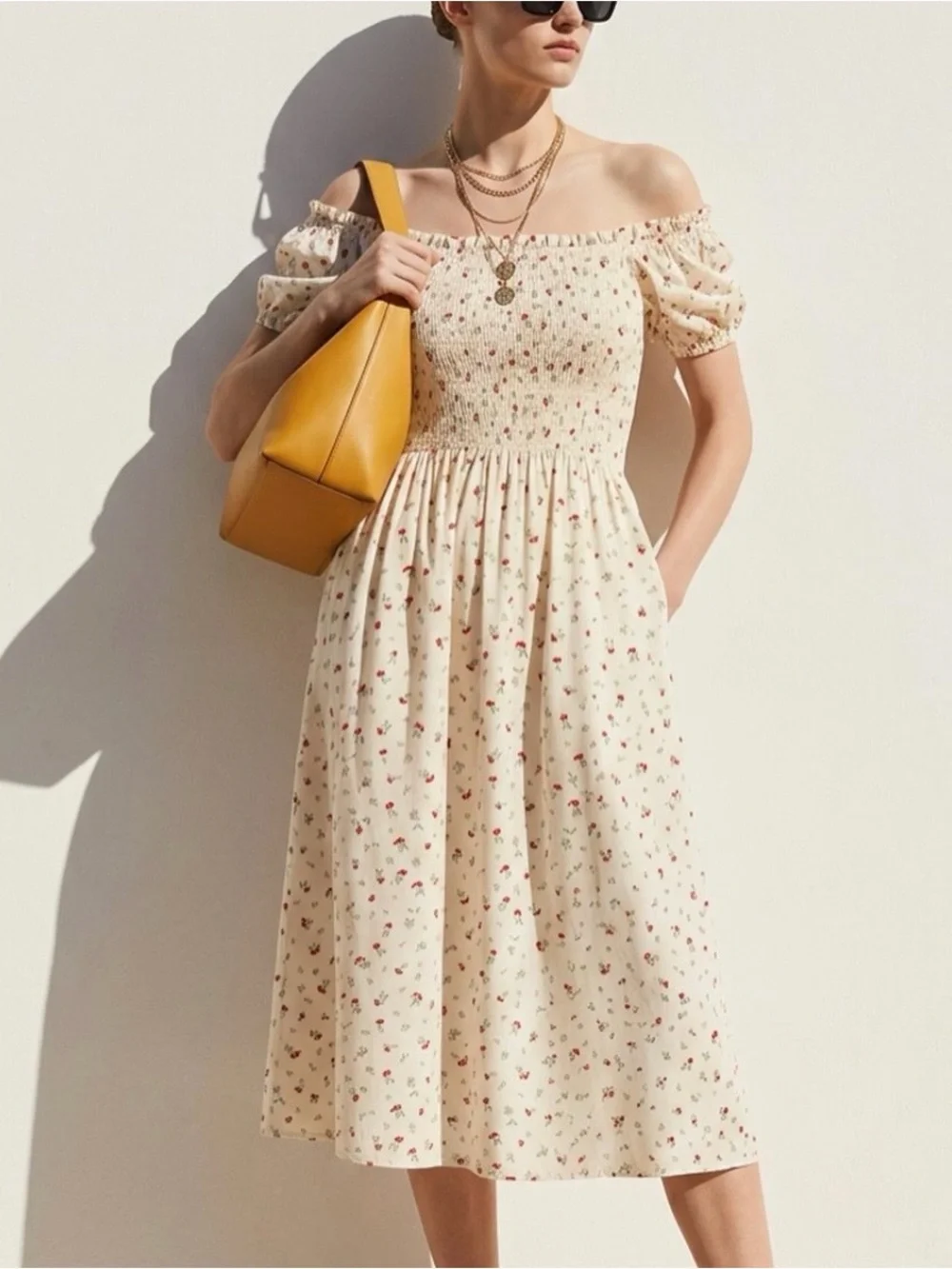 H&M Cream Floral Smocked Off-Shoulder Midi Dress, peasant‎ cottage, coquette